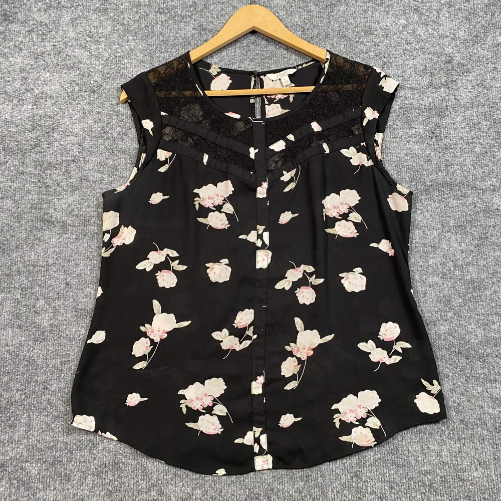 Candies‎ Womens Black Floral Lace Trim Sleeveless V-Neck Blouse Top Large